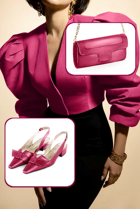 Women's fuchsia pink elegant slingback heels, with a bow on the front. Tapered toe. Low block heels - Top view